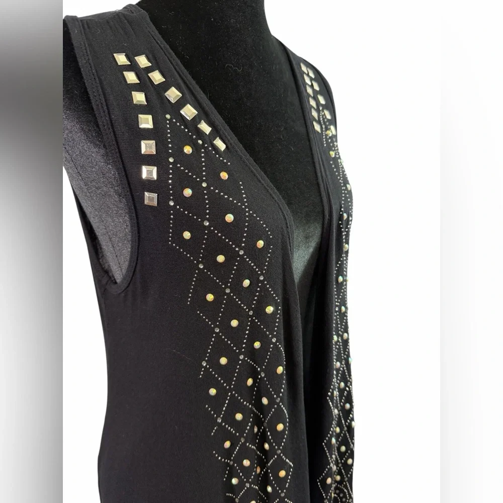 Vocal Black Long Vest with Rhinestone & Metal Studded Design, Size Large - Picture 2 of 9